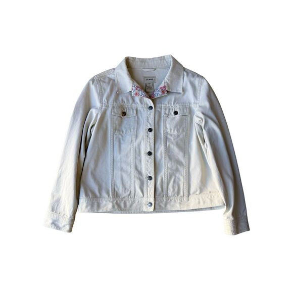 Vintage L.L Bean 100% Cotton Beige/Cream Denim Jacket With Floral Trim - Picture 5 of 11